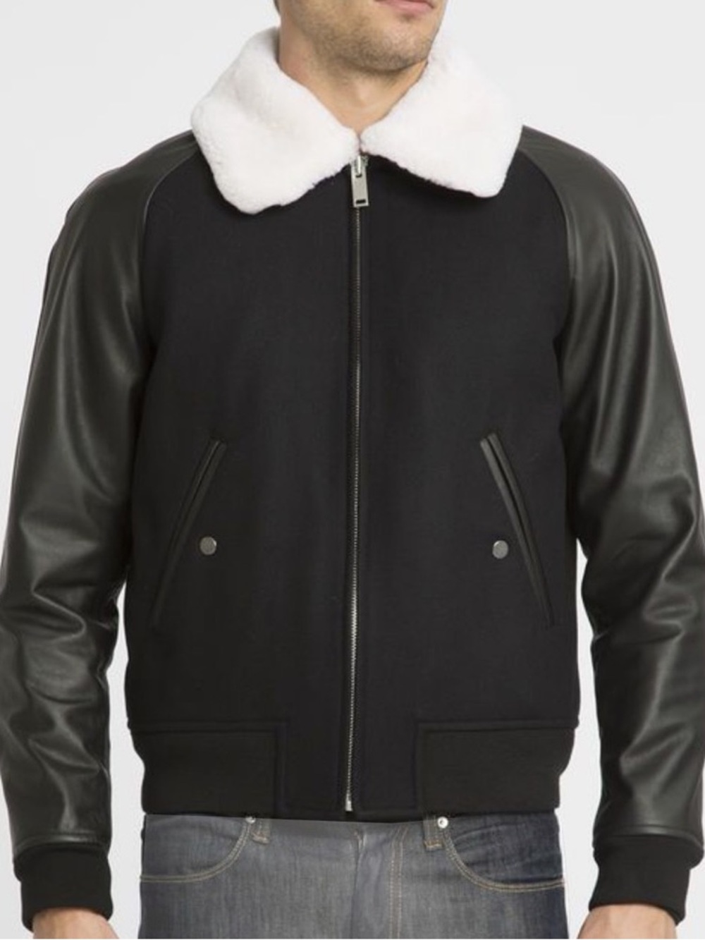 Sandro “Victory” Black Leather Wool Shearling Bomber Jacket Small NEW NWT